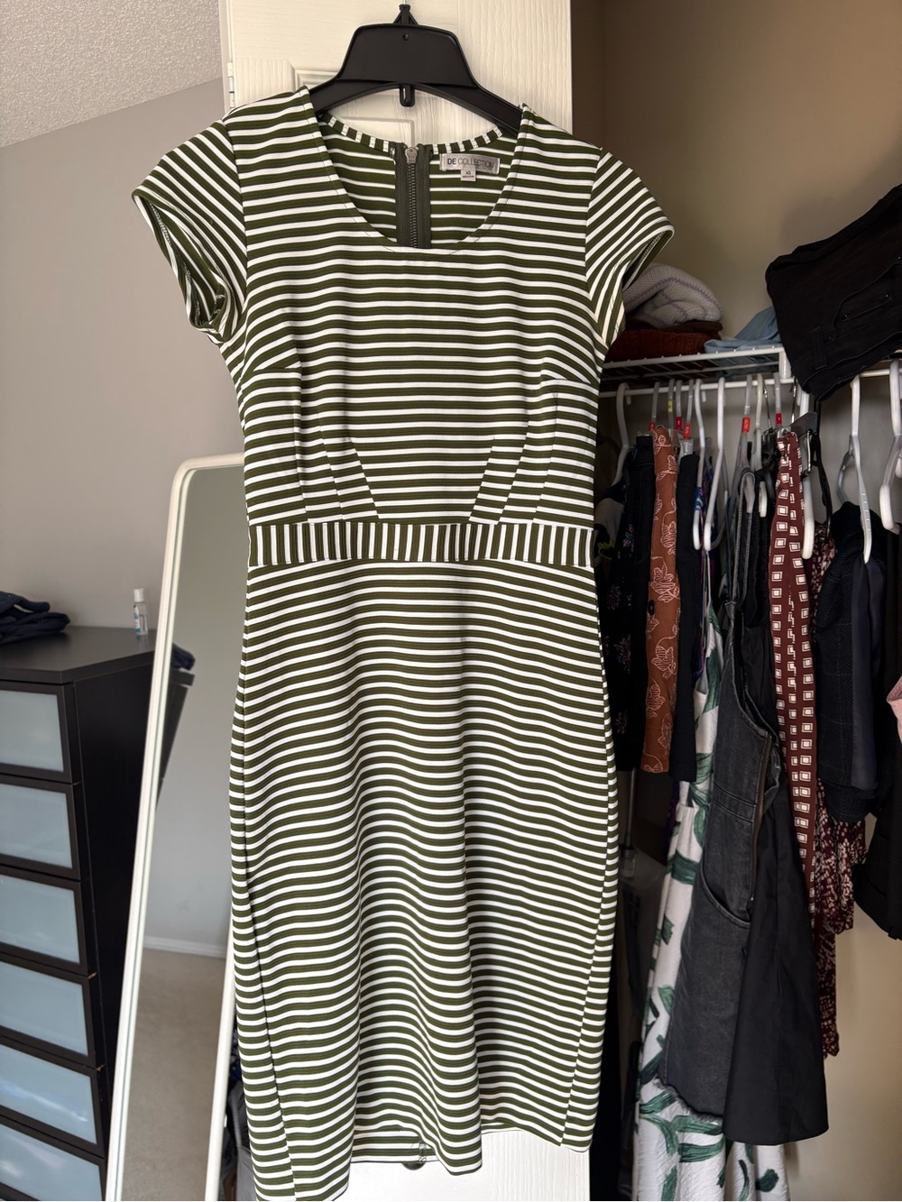 DE Collection Olive & White Striped Fit-and-Flare Midi Dress